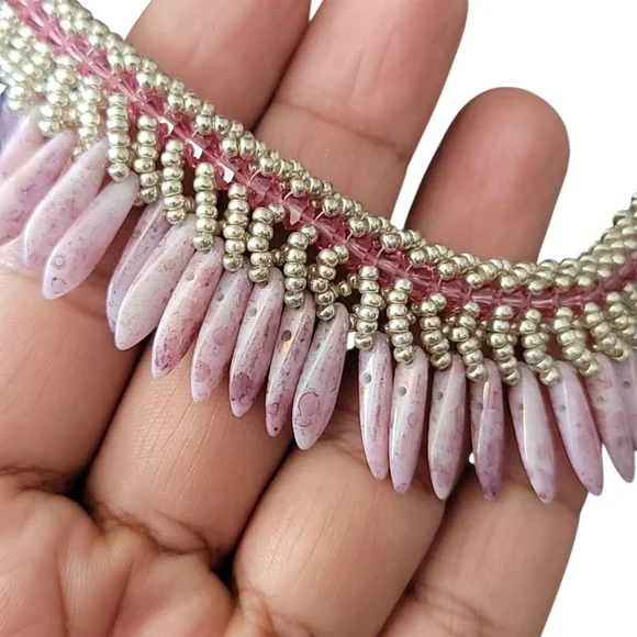 Artisan Handmade Elegant Pink & Silver Seed Bead Necklace & Earring Set - Picture 7 of 11